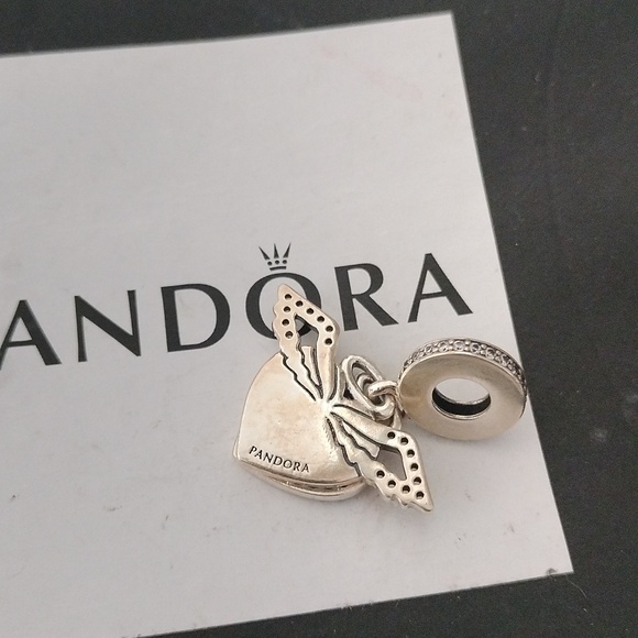 Pandora Sterling Silver Heart + Angel Wings Dangle w/ Clear Zirconia -798485C01 - Picture 4 of 5
